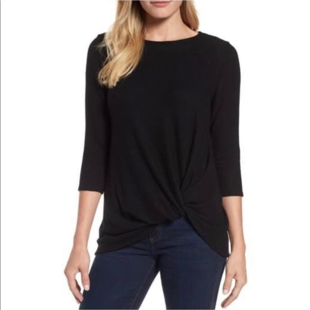 Gibson Cozy Twist Front Pullover black 3/4 sleeve.